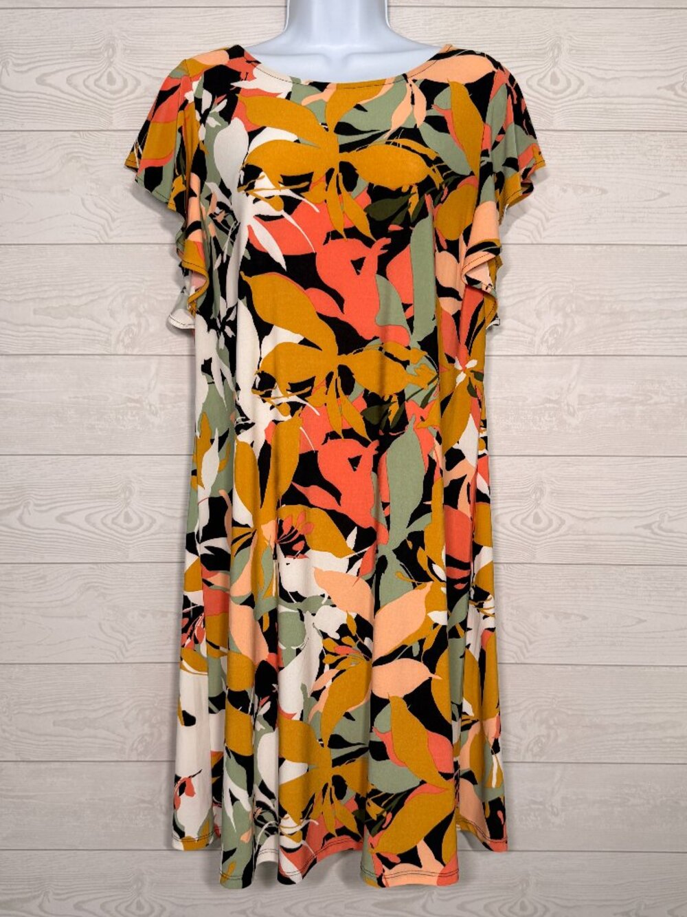 Anne Klein Multicolor Abstract Floral Dress Size 8 Flutter Sleeve A-Line